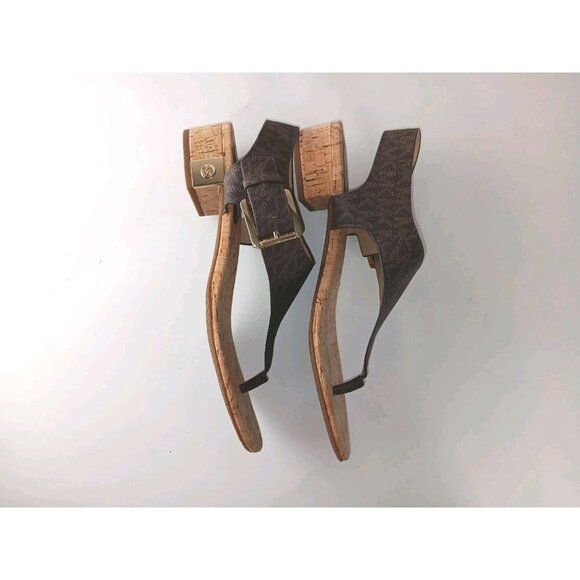 Michael Kors London Brown Logo Print  Thong Block Heel Slingback Sandals Sz 9M - Picture 4 of 8